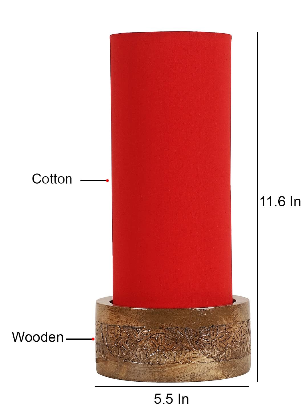 Red Cotton Table lamp with Carving Wood Natural Base (Round)