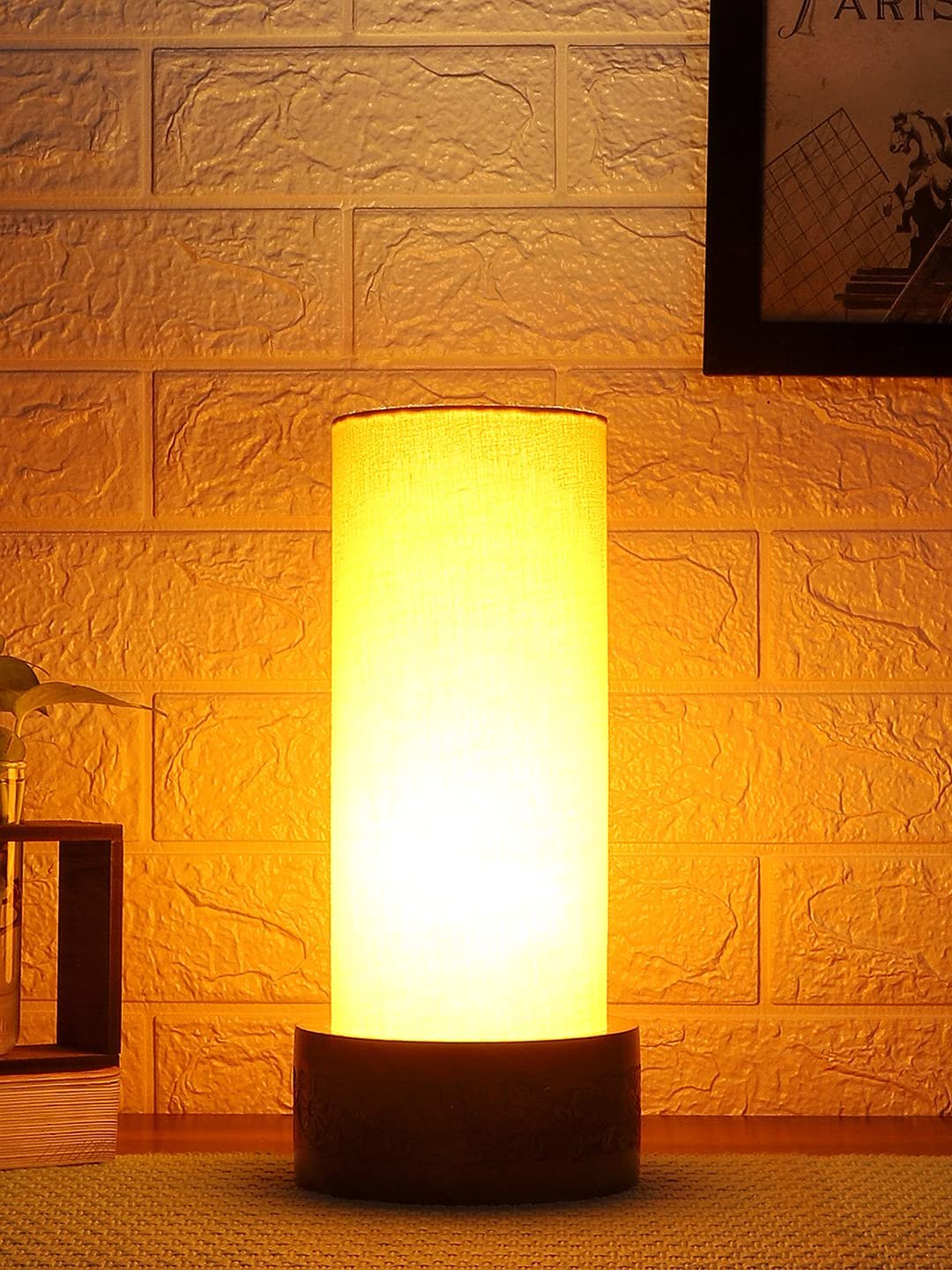 Yellow Cotton Table lamp with Carving Wood Natural Base (Round)