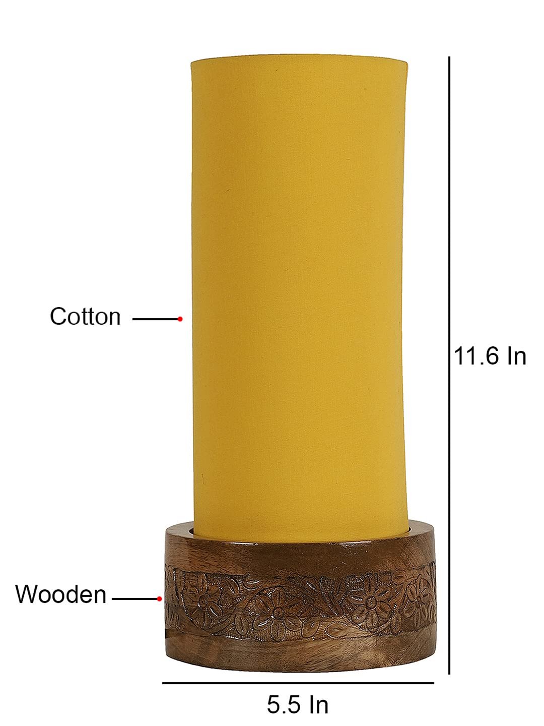 Yellow Cotton Table lamp with Carving Wood Natural Base (Round)