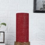 Maroon Jute Table lamp with Carving Wood Natural Base (Round)