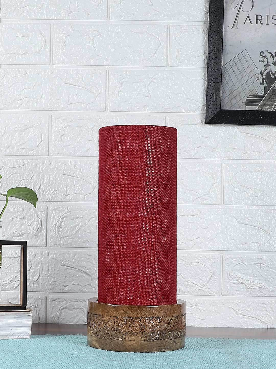 Maroon Jute Table lamp with Carving Wood Natural Base (Round)