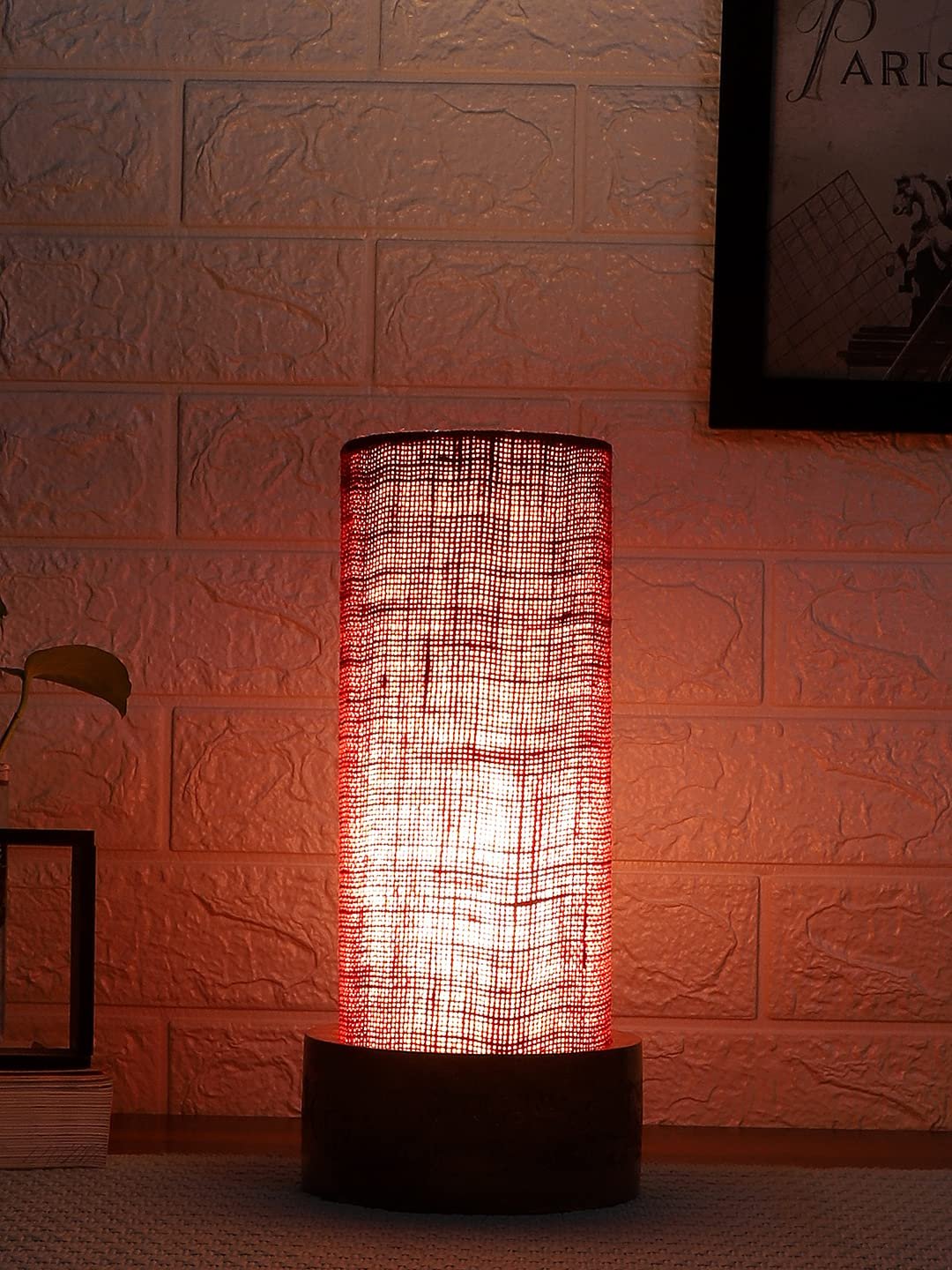 Maroon Jute Table lamp with Carving Wood Natural Base (Round)