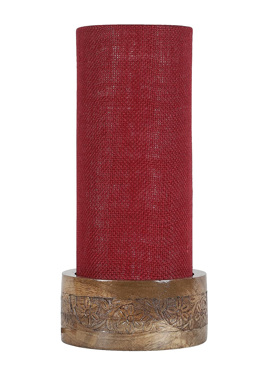 Maroon Jute Table lamp with Carving Wood Natural Base (Round)