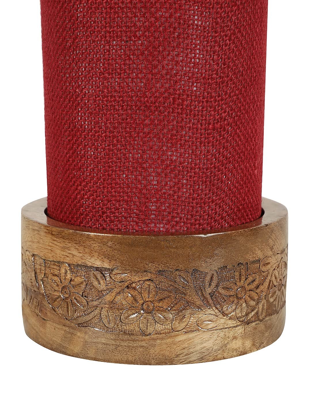 Maroon Jute Table lamp with Carving Wood Natural Base (Round)