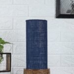 Blue Jute Table lamp with Carving Wood Natural Base (Round)