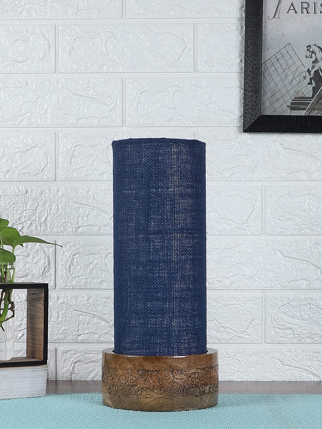 Blue Jute Table lamp with Carving Wood Natural Base (Round)