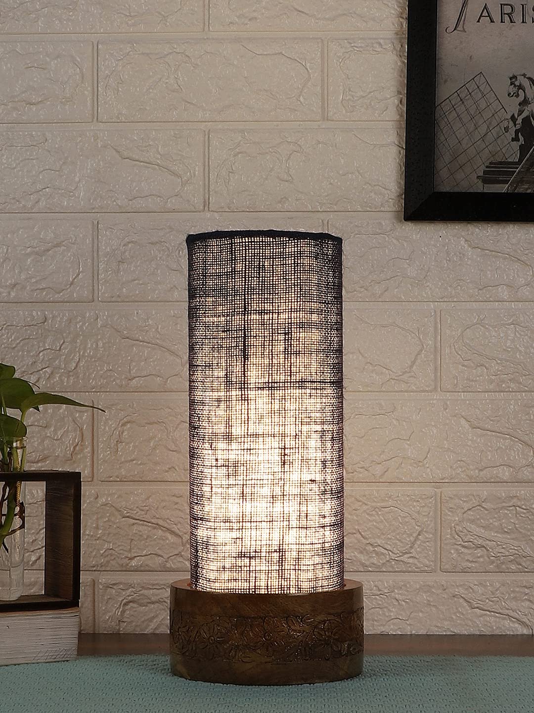 Blue Jute Table lamp with Carving Wood Natural Base (Round)