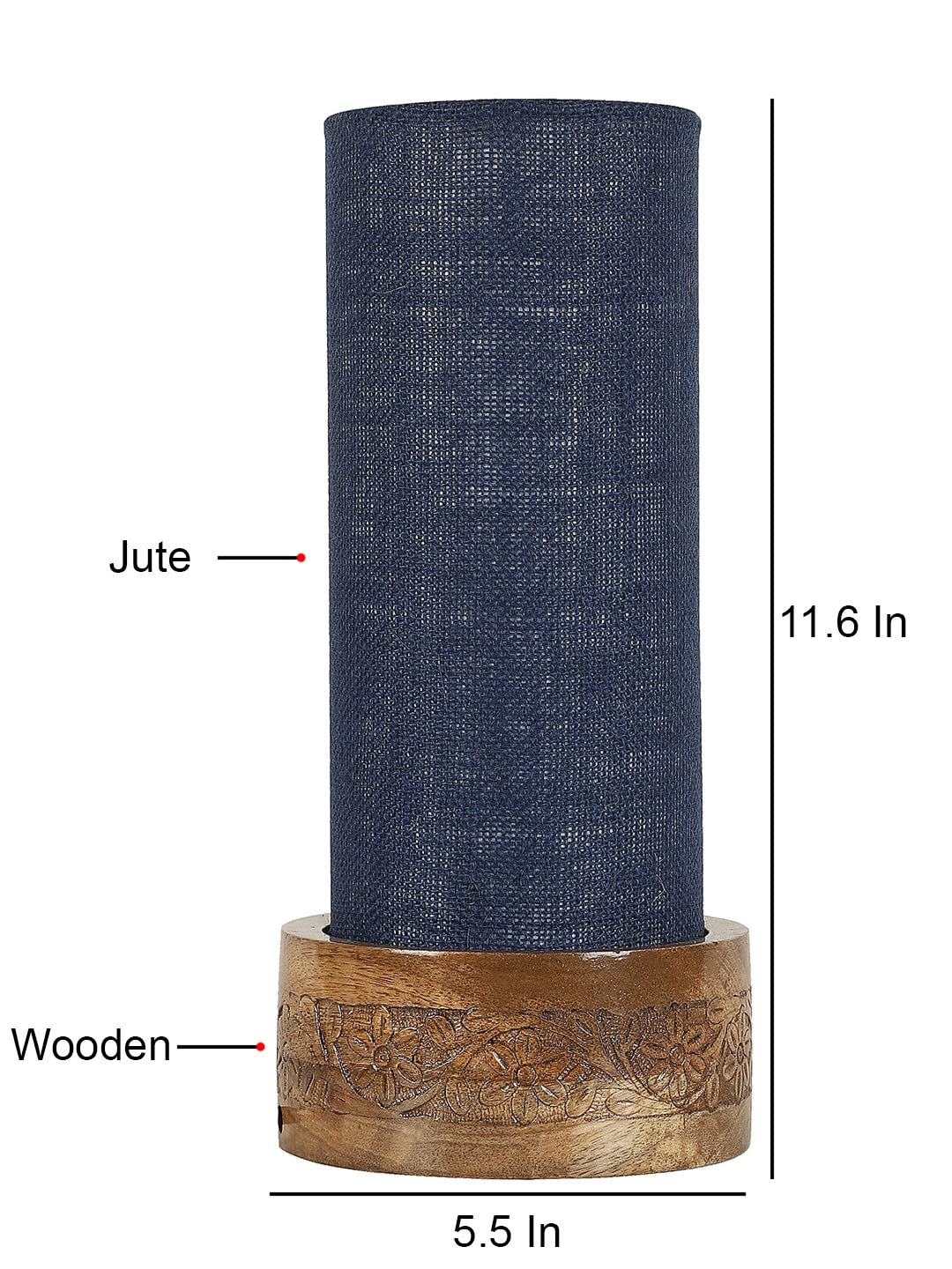 Blue Jute Table lamp with Carving Wood Natural Base (Round)