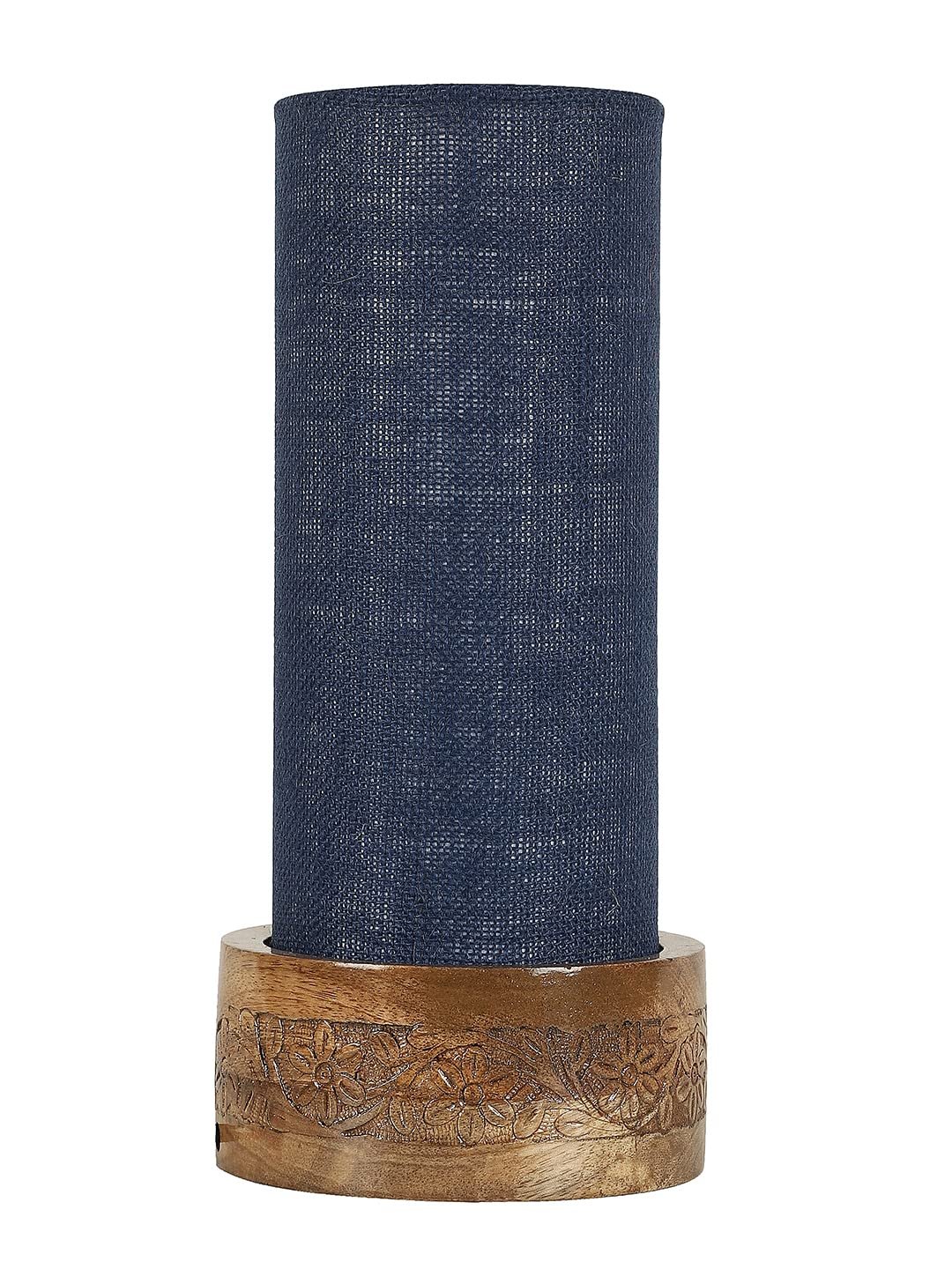 Blue Jute Table lamp with Carving Wood Natural Base (Round)