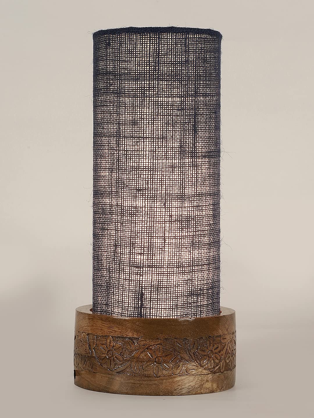 Blue Jute Table lamp with Carving Wood Natural Base (Round)