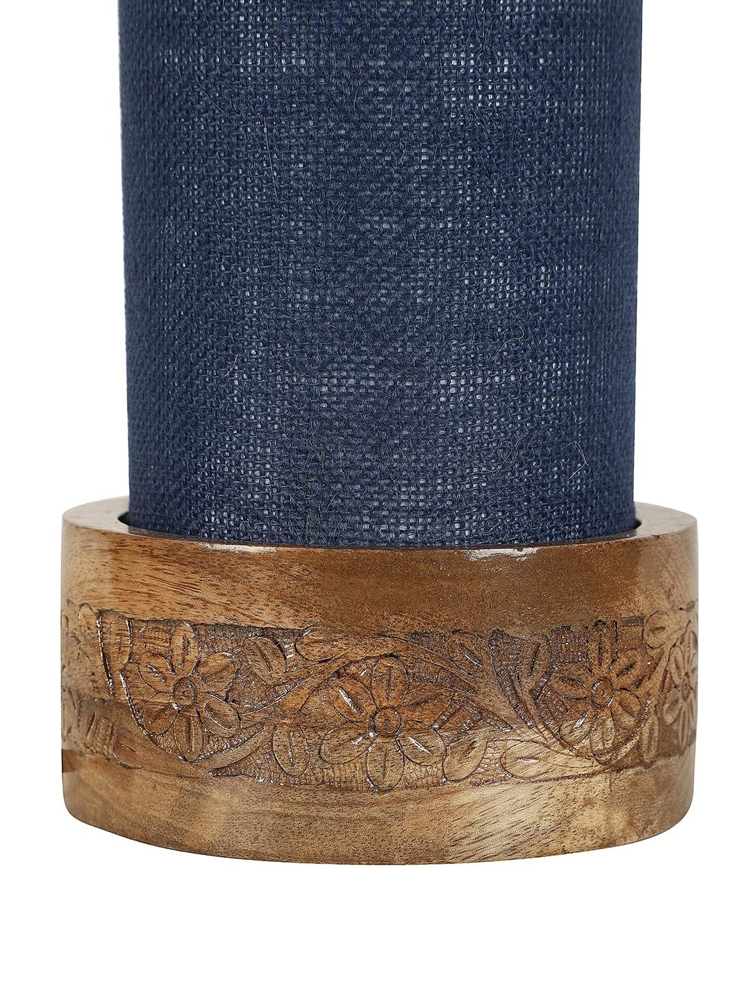 Blue Jute Table lamp with Carving Wood Natural Base (Round)