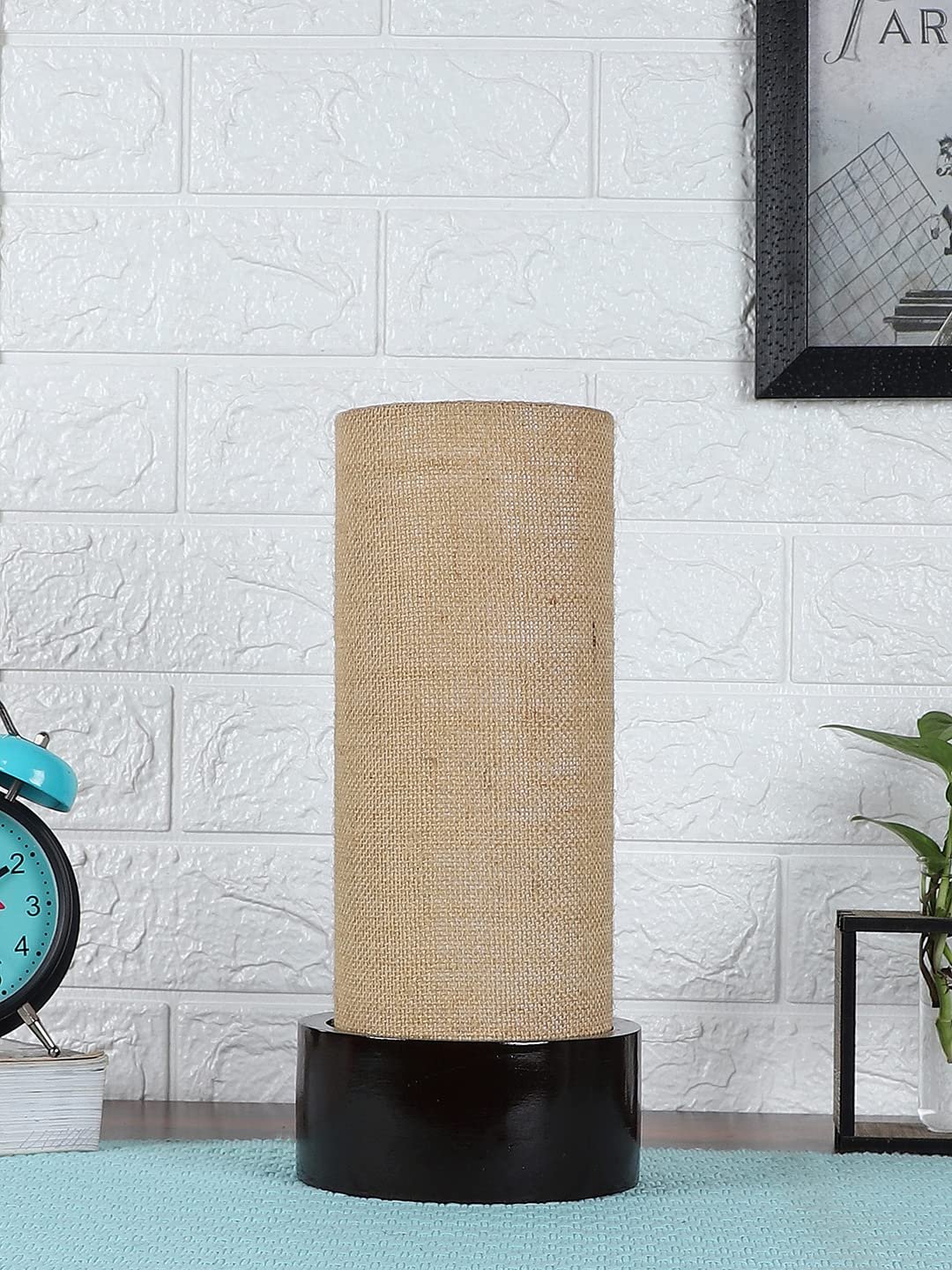 Beige Jute Table lamp with Wood Brown Base (Round)