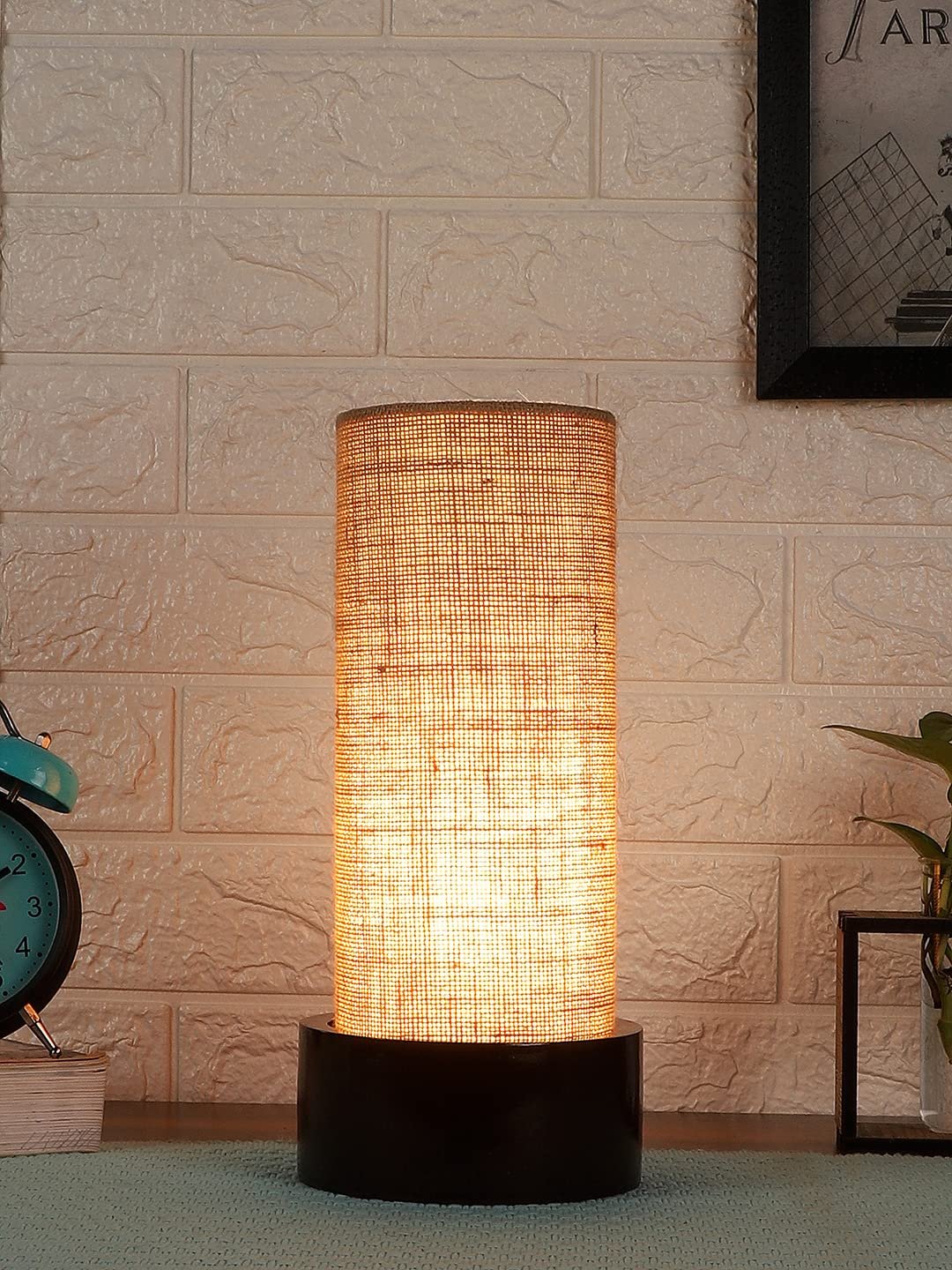 Beige Jute Table lamp with Wood Brown Base (Round)