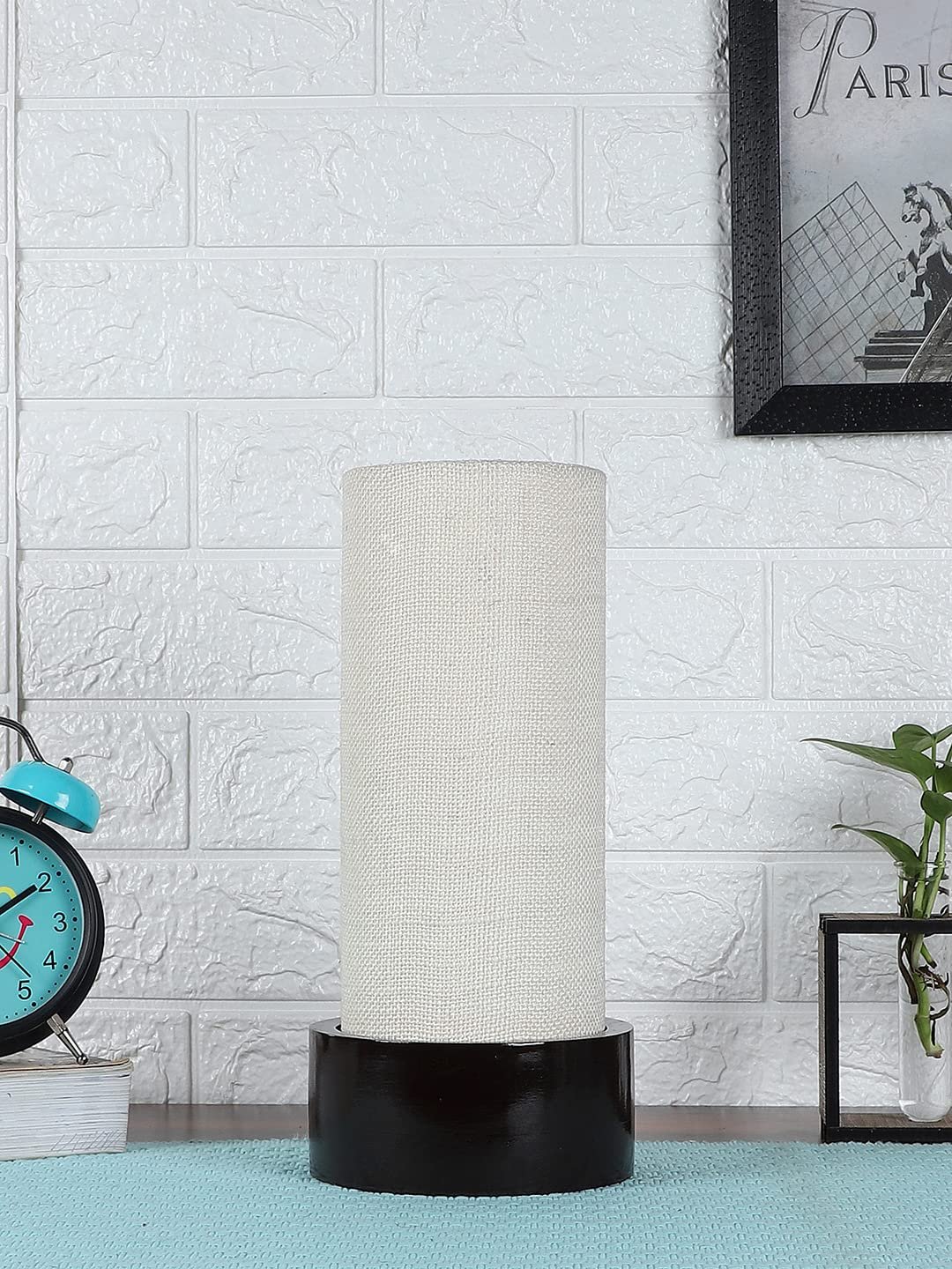 White Jute Table lamp with Wood Brown Base (Round)