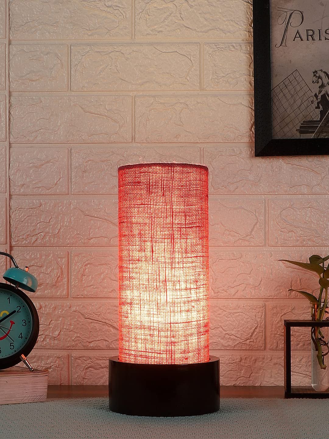 Pink Jute Table lamp with Wood Brown Base (Round)