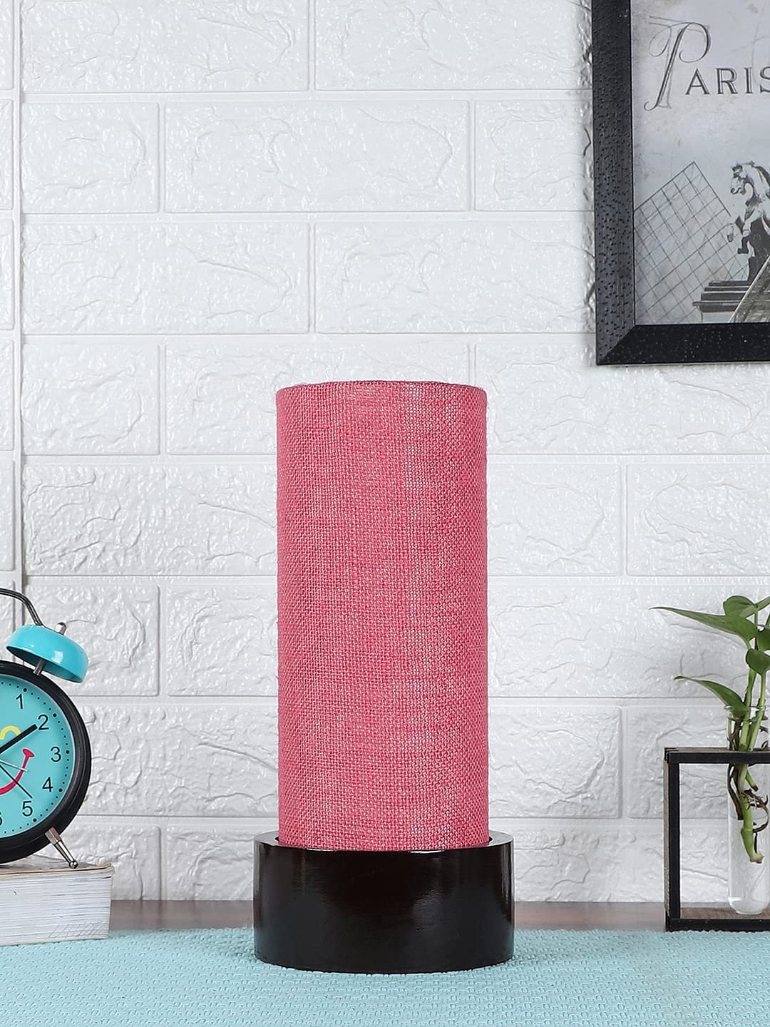 Pink Jute Table lamp with Wood Brown Base (Round)