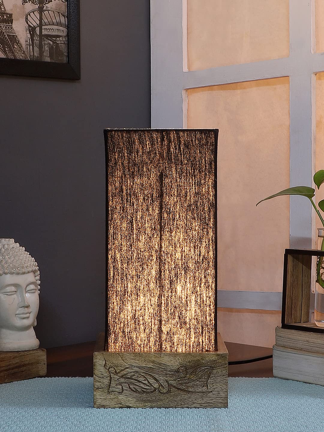 Black Cotton Table lamp with Carving Wood Natural Base
