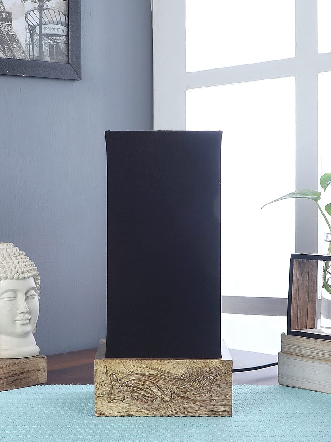 Black Cotton Table lamp with Carving Wood Natural Base