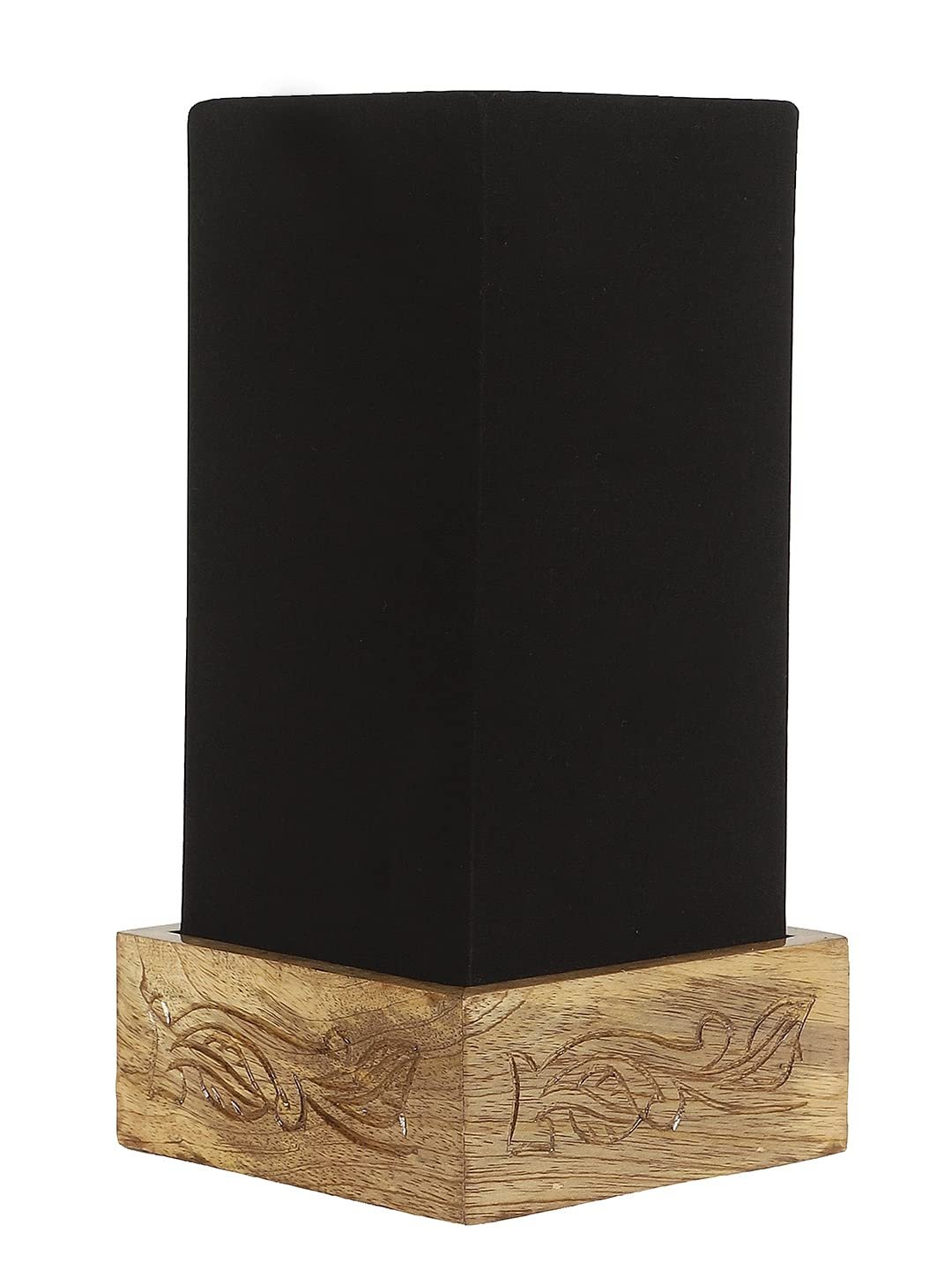 Black Cotton Table lamp with Carving Wood Natural Base