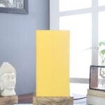 Yellow Cotton Table lamp with Carving Wood Natural Base