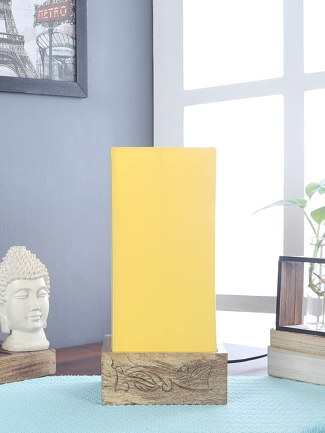 Yellow Cotton Table lamp with Carving Wood Natural Base