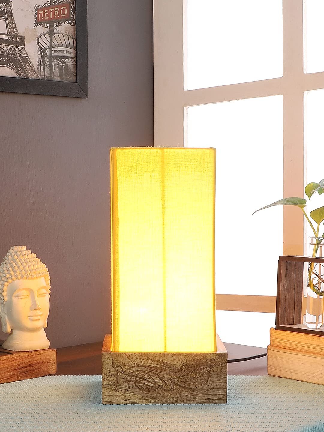 Yellow Cotton Table lamp with Carving Wood Natural Base