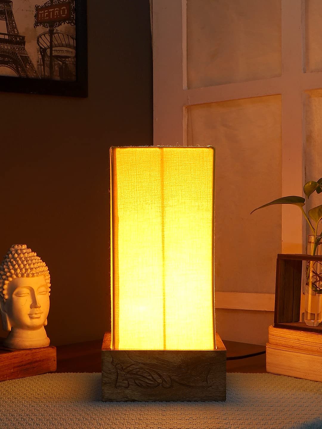 Yellow Cotton Table lamp with Carving Wood Natural Base