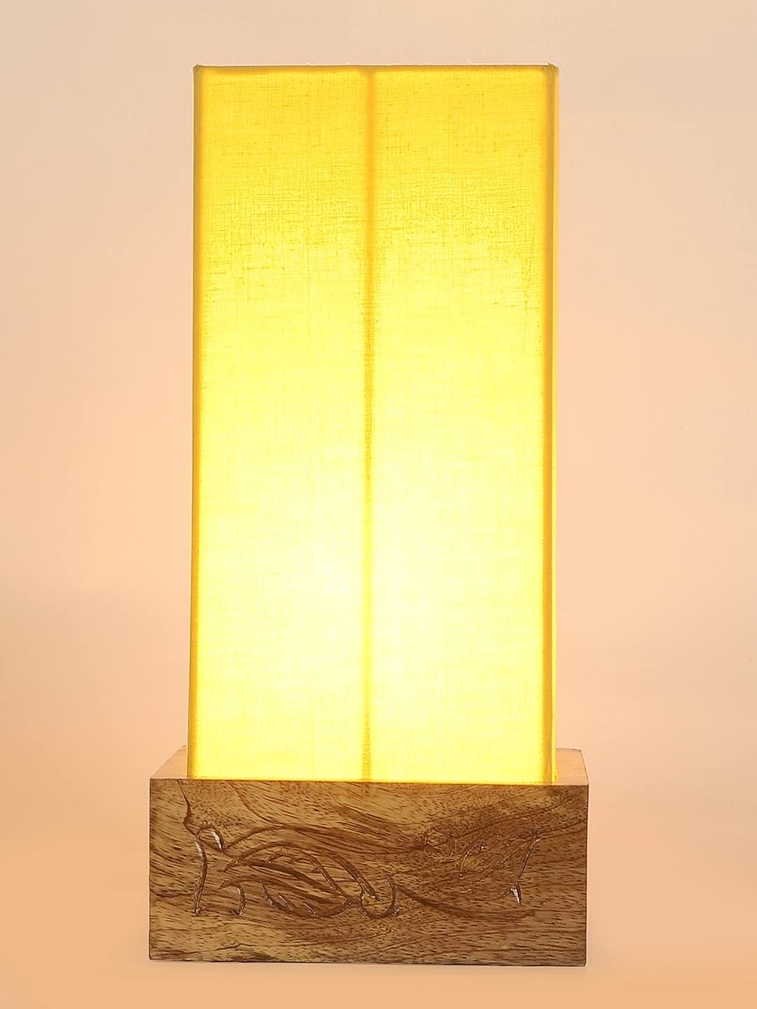 Yellow Cotton Table lamp with Carving Wood Natural Base