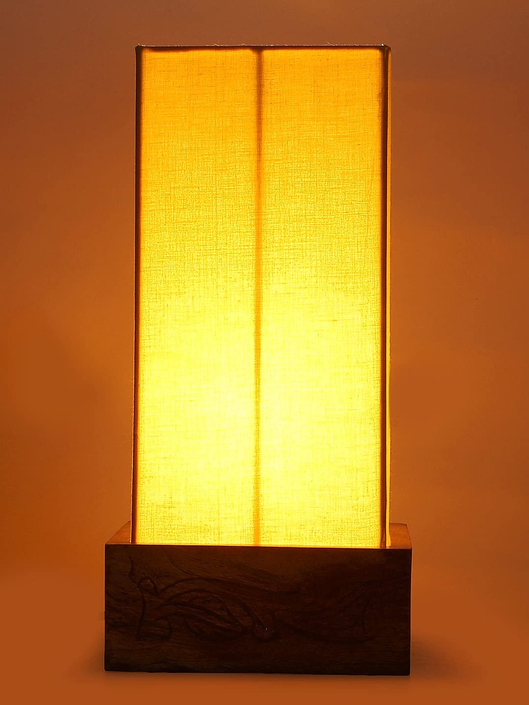 Yellow Cotton Table lamp with Carving Wood Natural Base