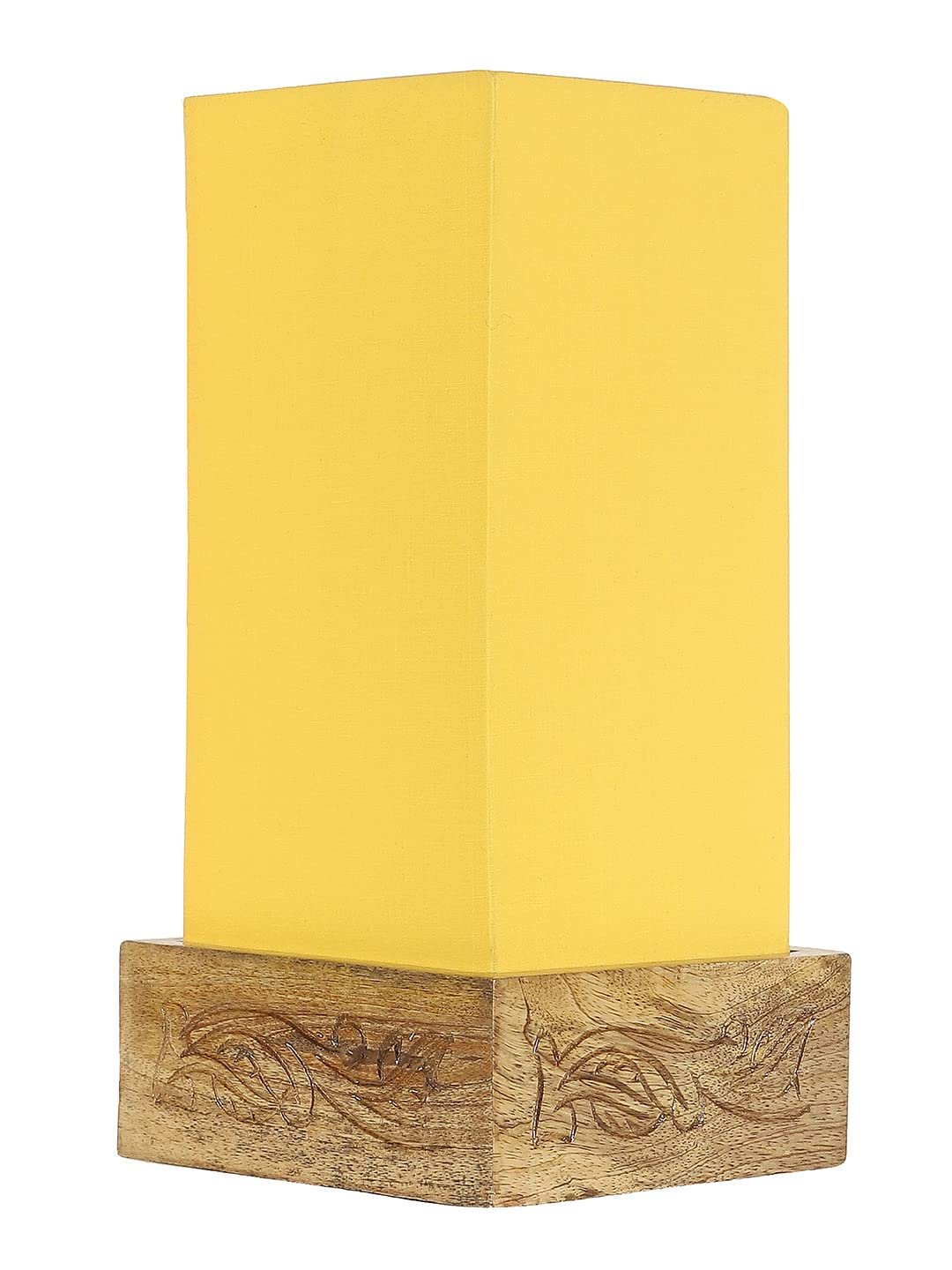 Yellow Cotton Table lamp with Carving Wood Natural Base