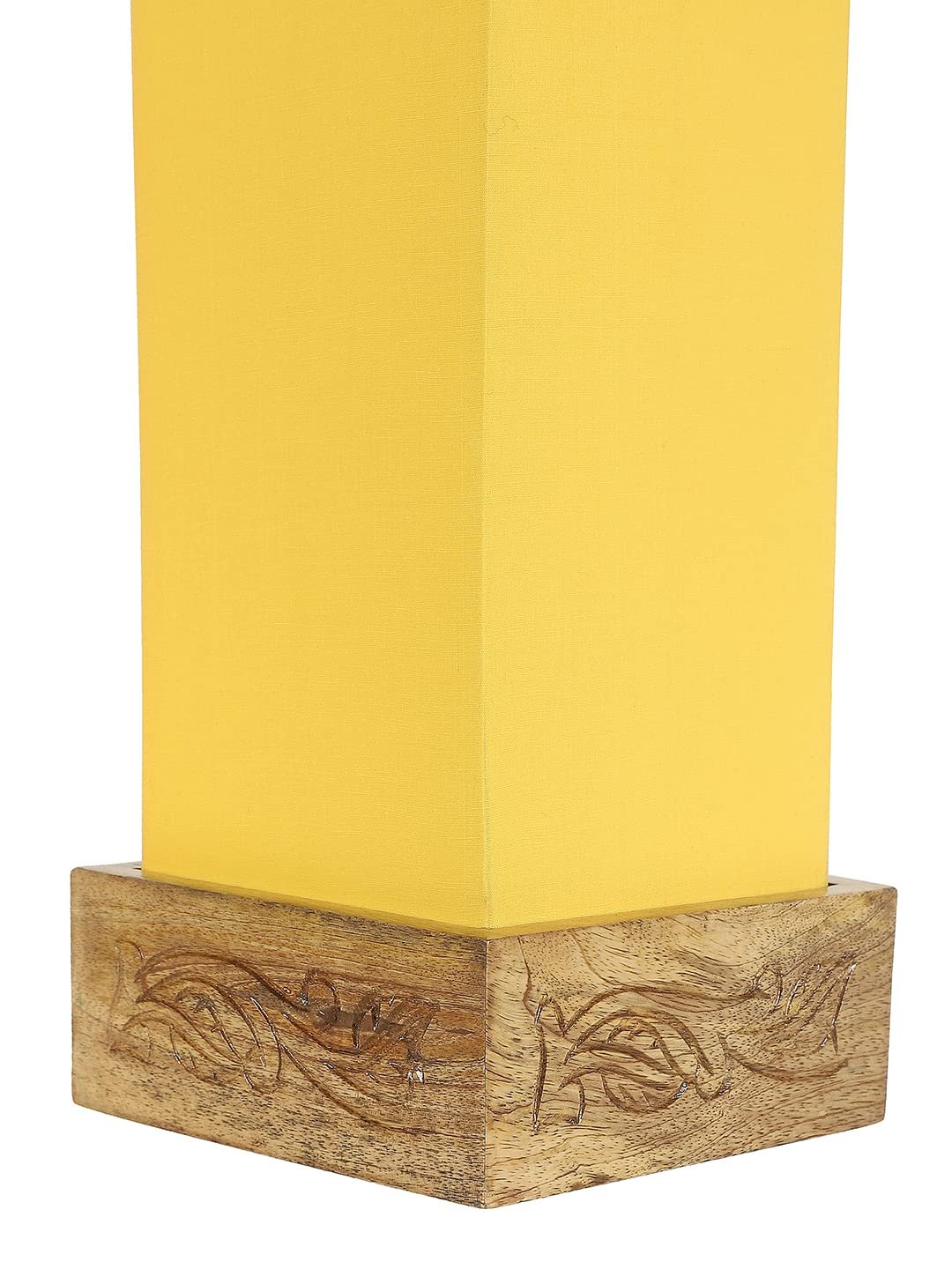 Yellow Cotton Table lamp with Carving Wood Natural Base