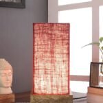 Maroon Jute Table lamp with Carving Wood Natural Base