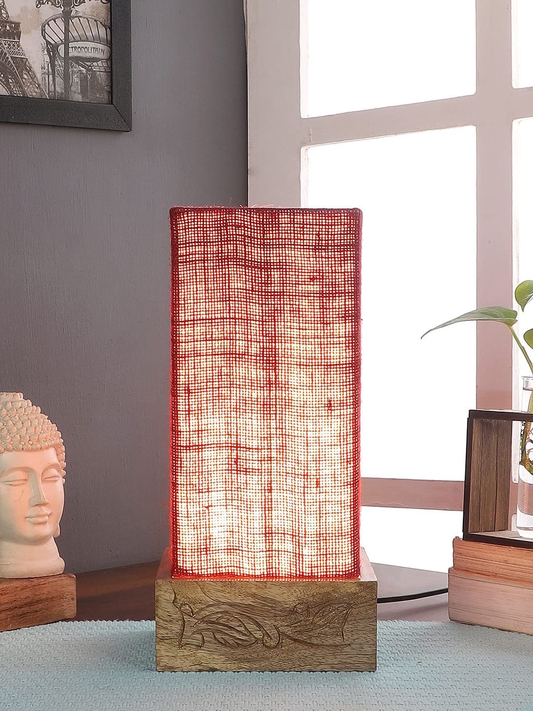 Maroon Jute Table lamp with Carving Wood Natural Base