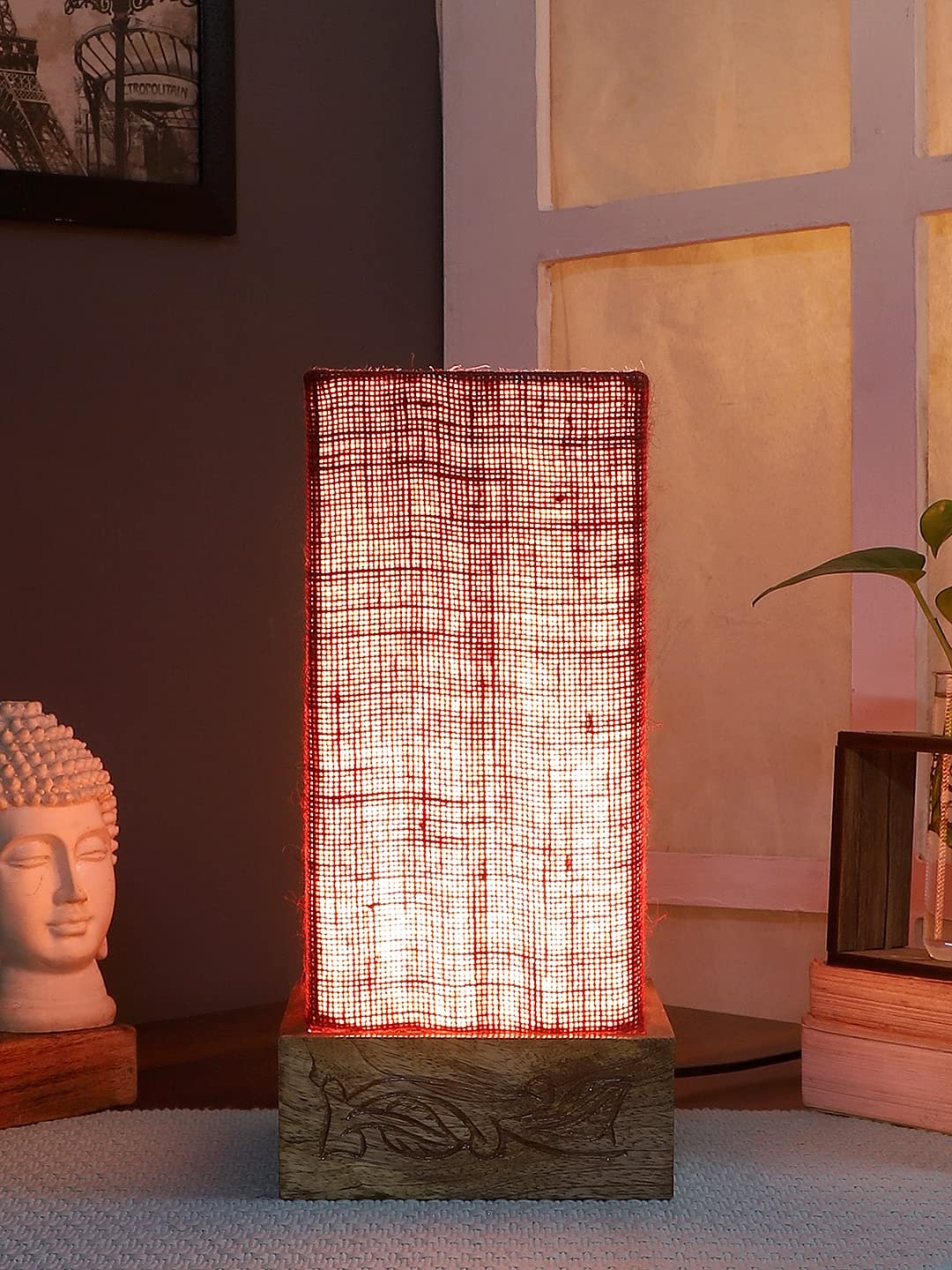 Maroon Jute Table lamp with Carving Wood Natural Base
