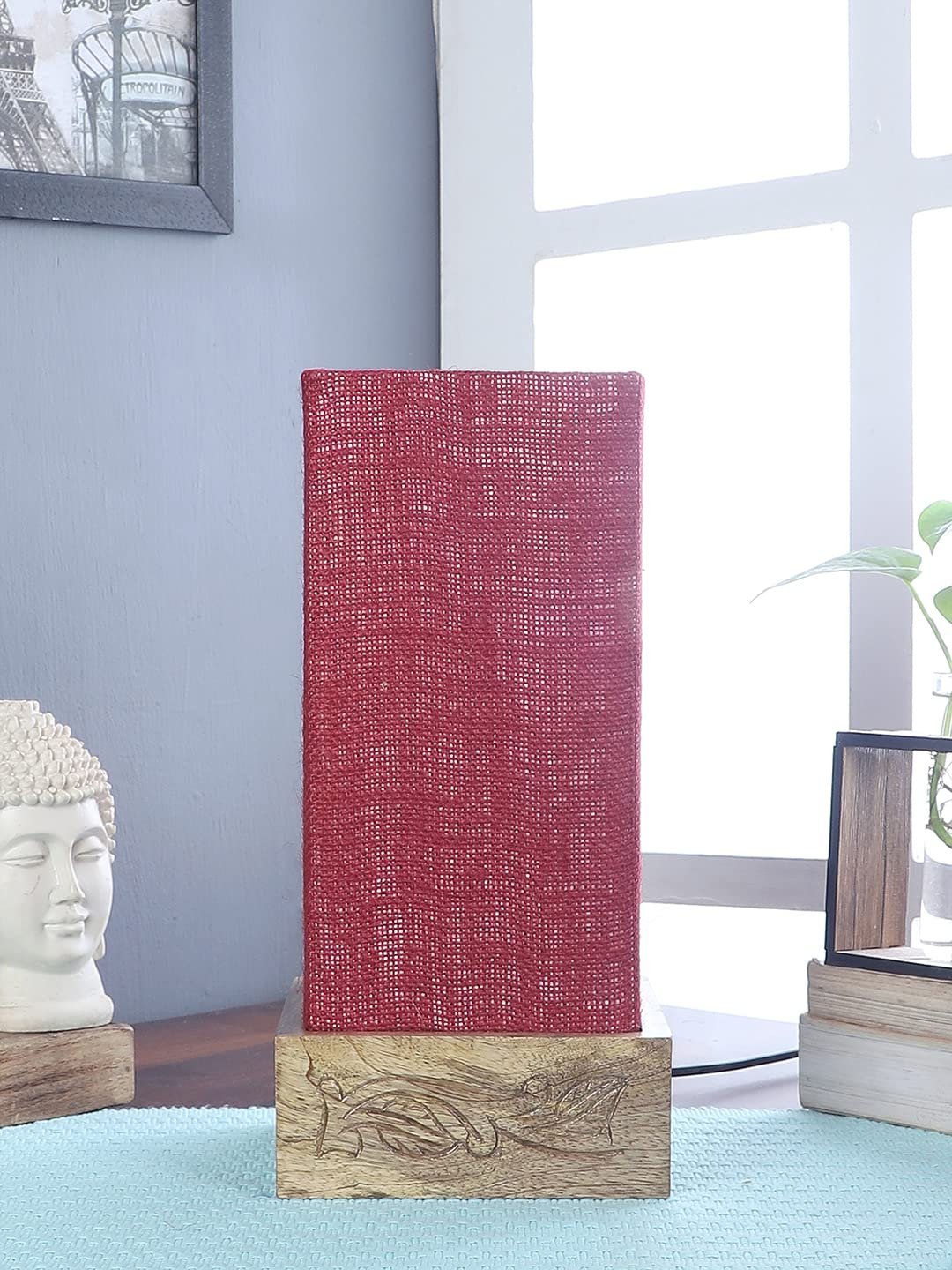 Maroon Jute Table lamp with Carving Wood Natural Base