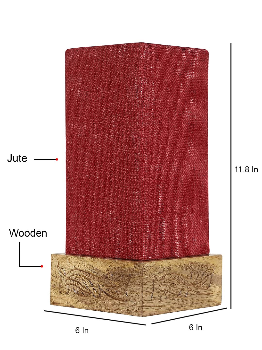 Maroon Jute Table lamp with Carving Wood Natural Base
