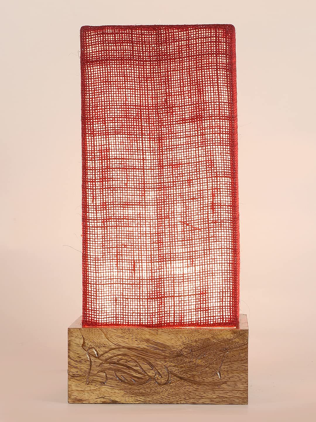 Maroon Jute Table lamp with Carving Wood Natural Base