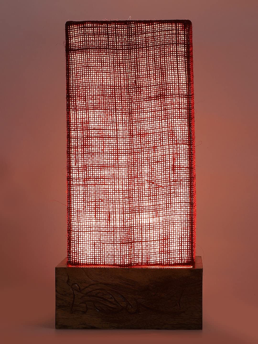 Maroon Jute Table lamp with Carving Wood Natural Base