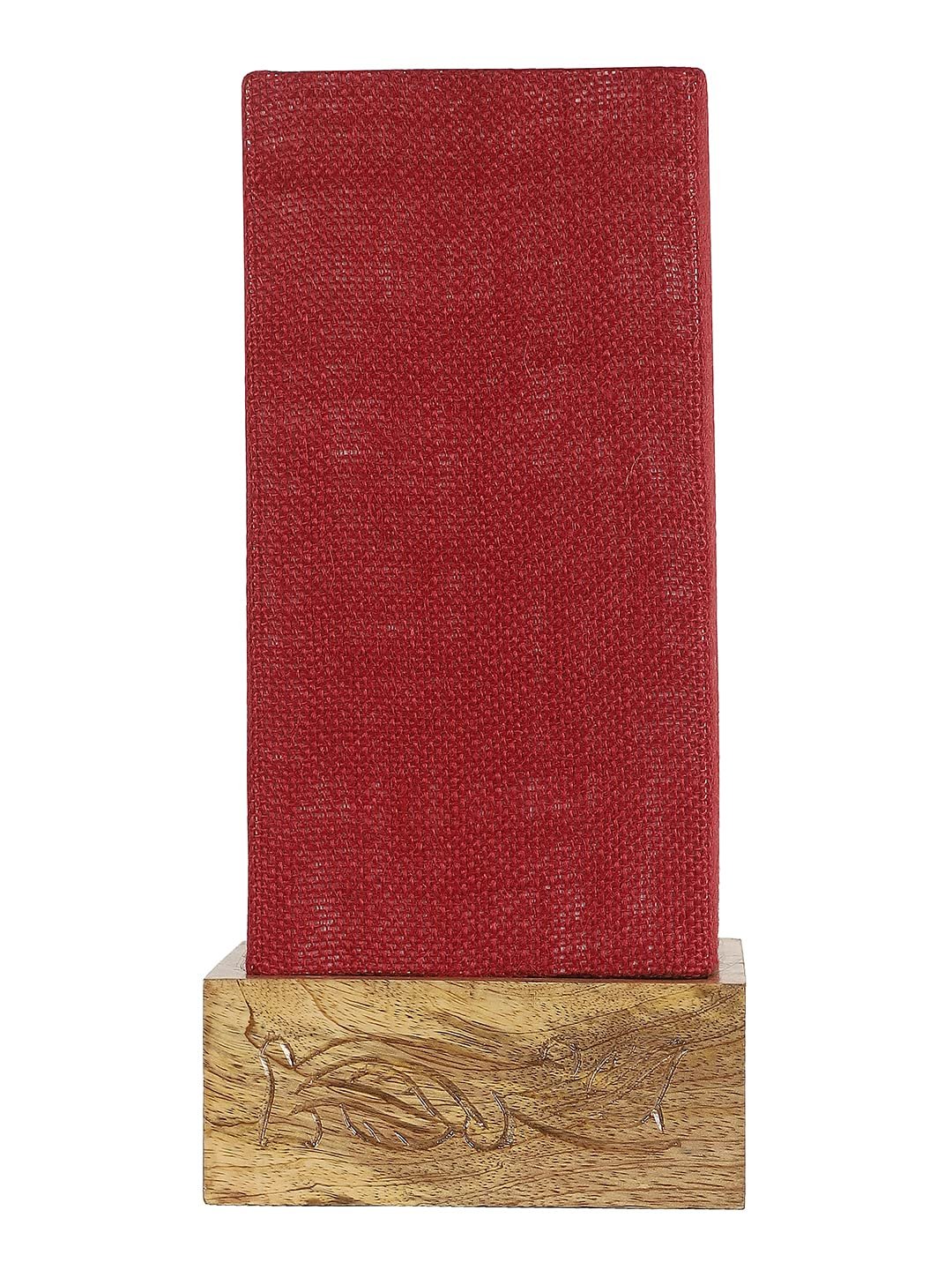Maroon Jute Table lamp with Carving Wood Natural Base