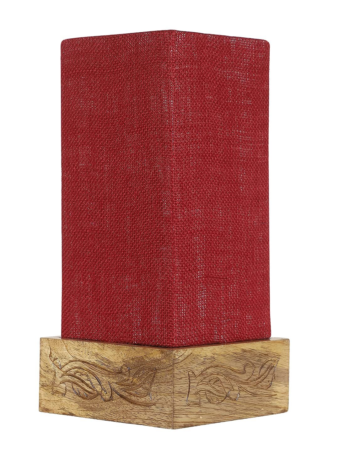 Maroon Jute Table lamp with Carving Wood Natural Base