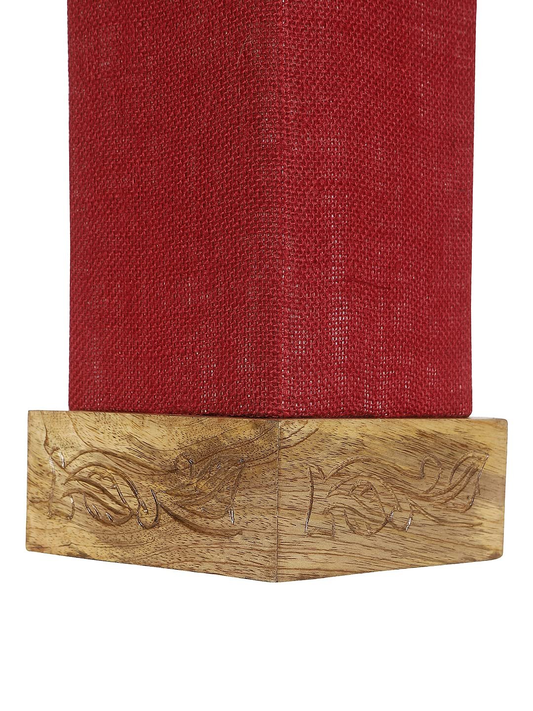 Maroon Jute Table lamp with Carving Wood Natural Base