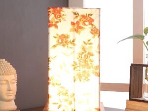 Multicolor Cotton Table lamp with Carving Wood Natural Base