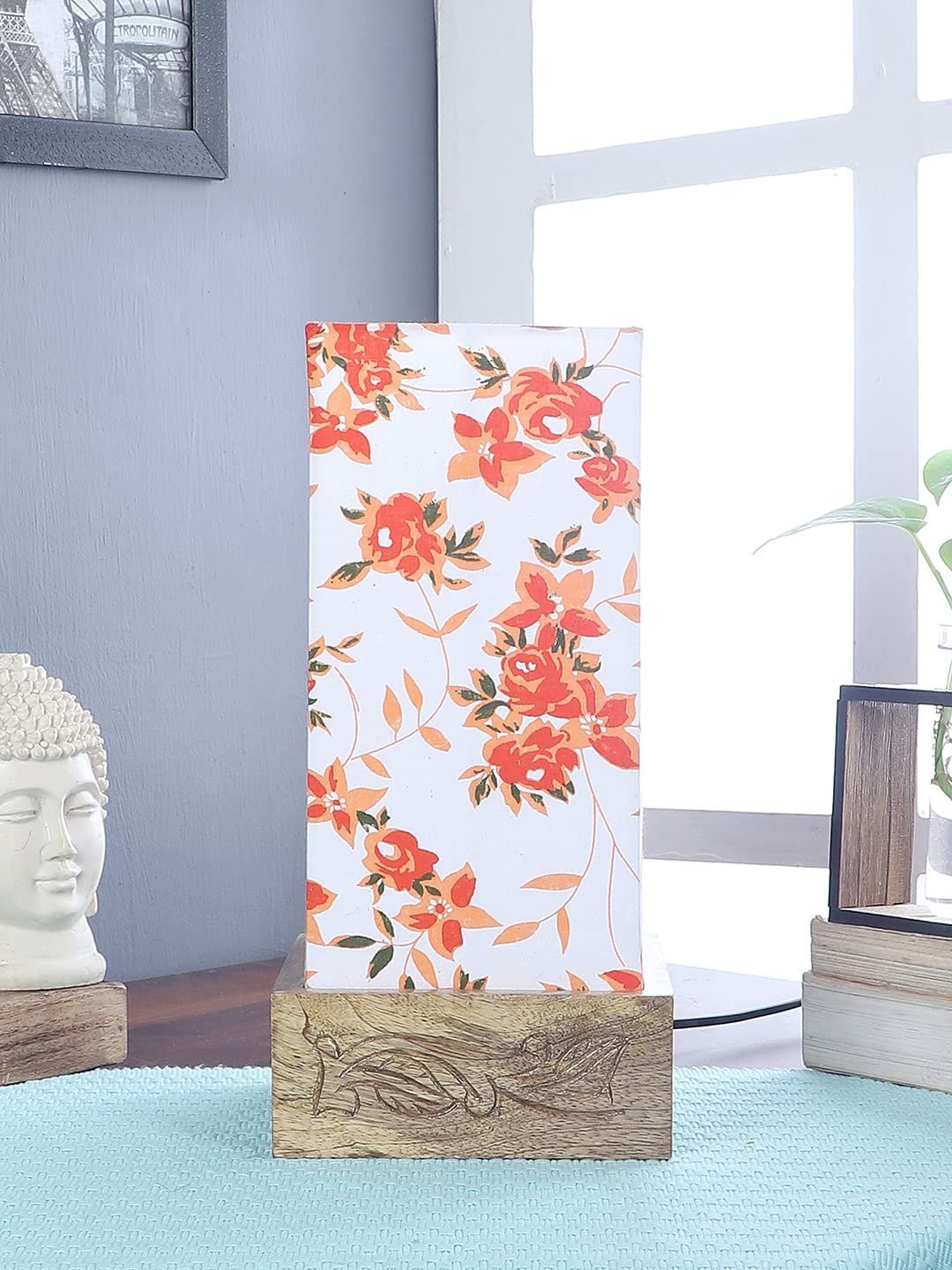 Multicolor Cotton Table lamp with Carving Wood Natural Base