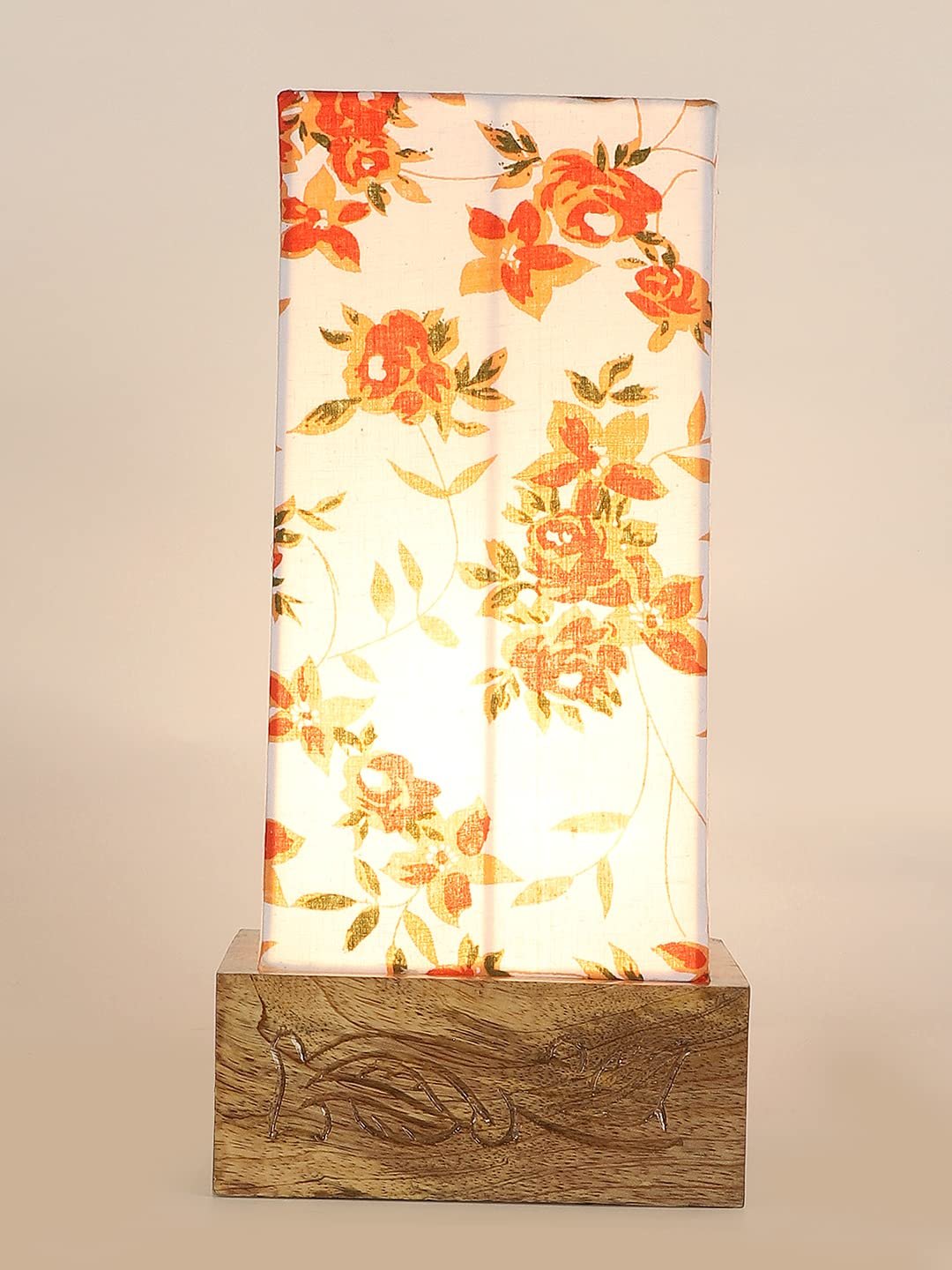 Multicolor Cotton Table lamp with Carving Wood Natural Base