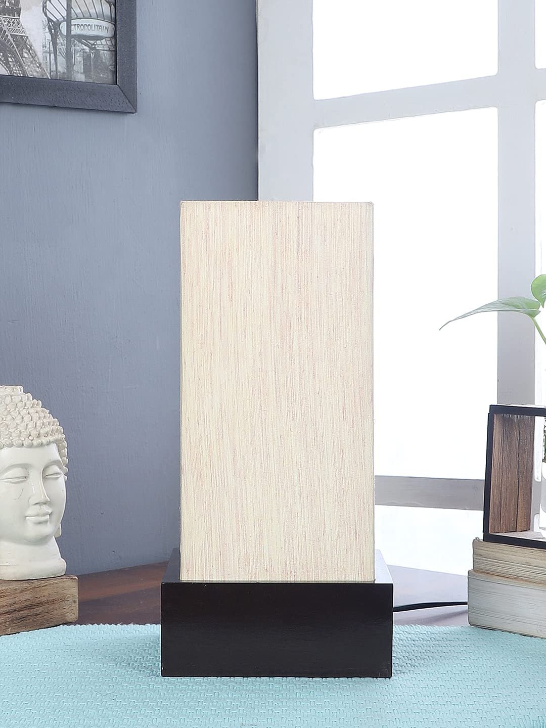 Off White Cotton Table lamp with Wood Brown Base