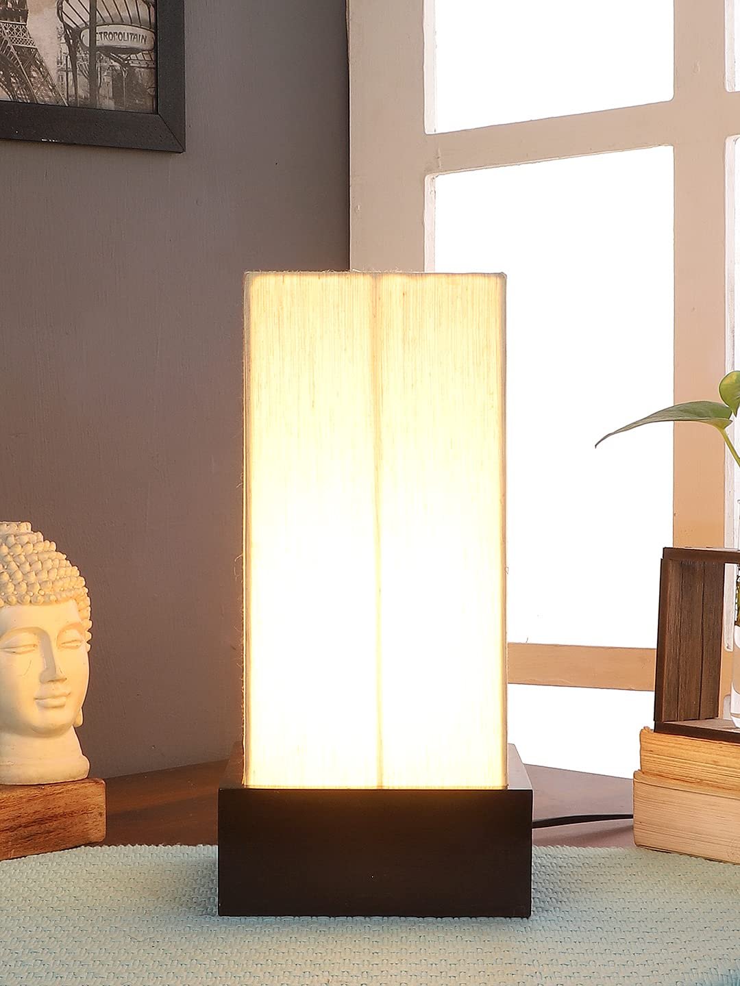 Off White Cotton Table lamp with Wood Brown Base