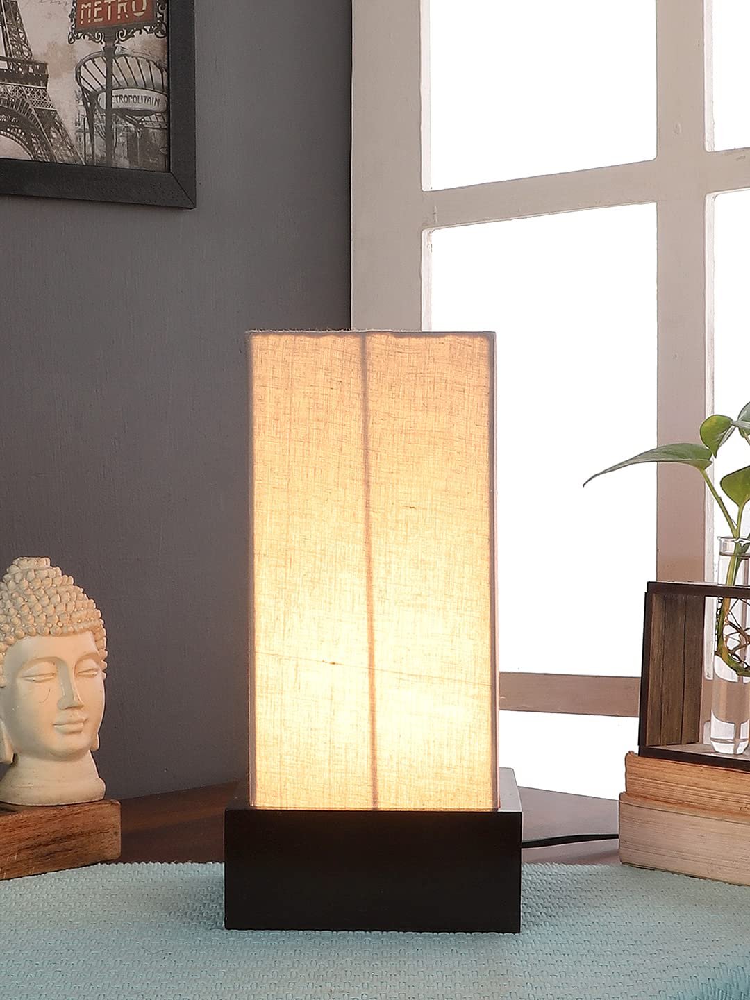 Grey Cotton Table lamp with Wood Brown Base