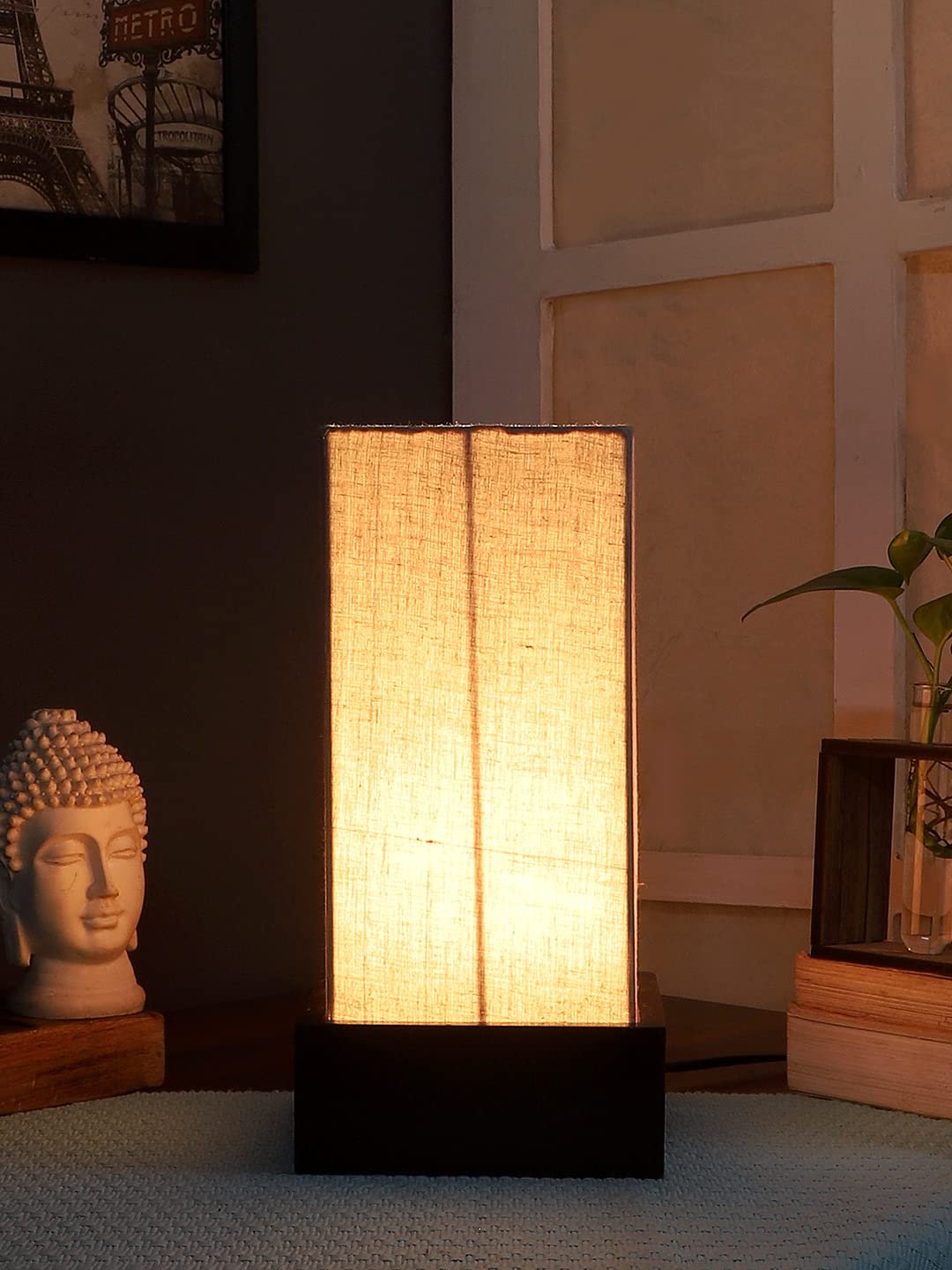 Grey Cotton Table lamp with Wood Brown Base