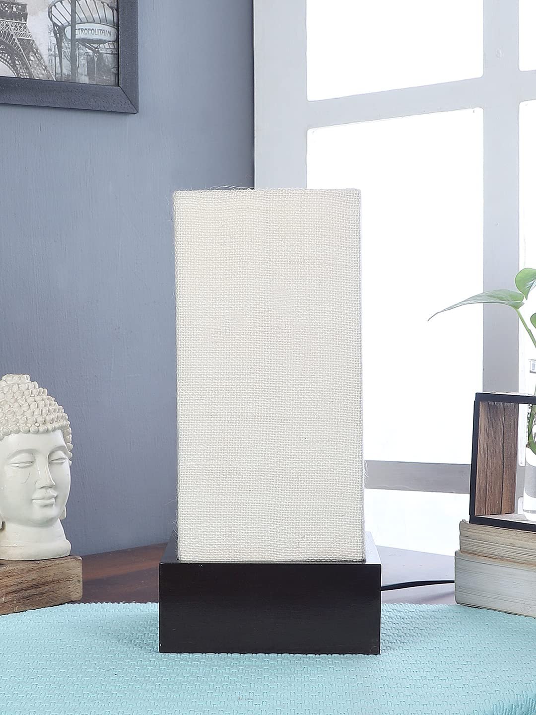 White Jute Table lamp with Wood Brown Base
