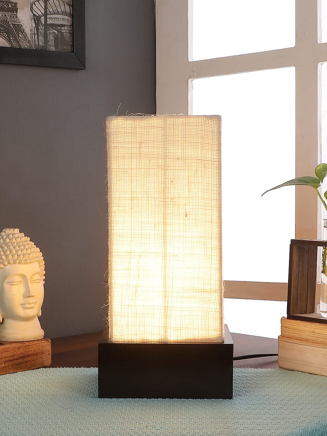 White Jute Table lamp with Wood Brown Base